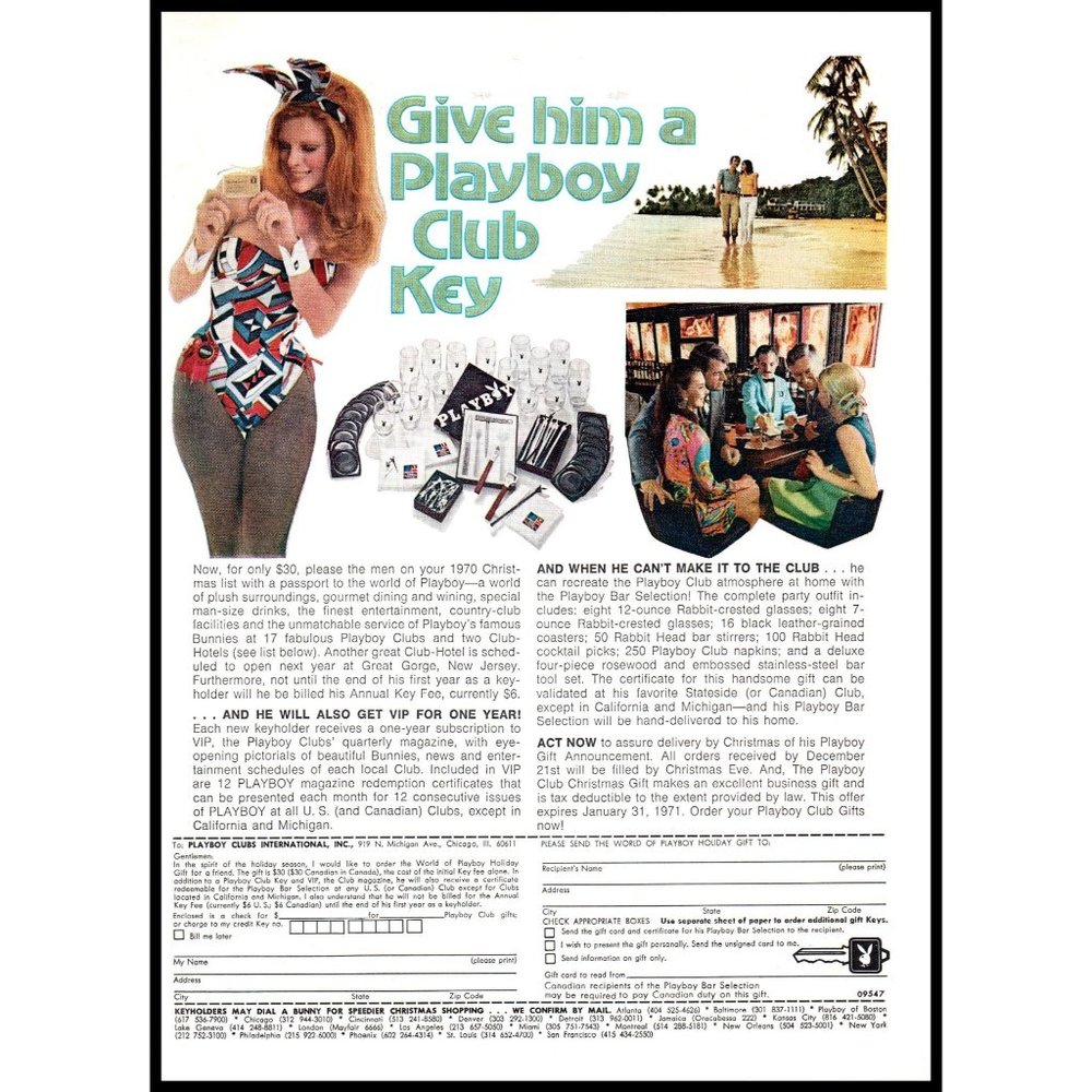 1970 Playboy Club Key Membership Vintage Print Ad Palm Trees Casino Wall Art